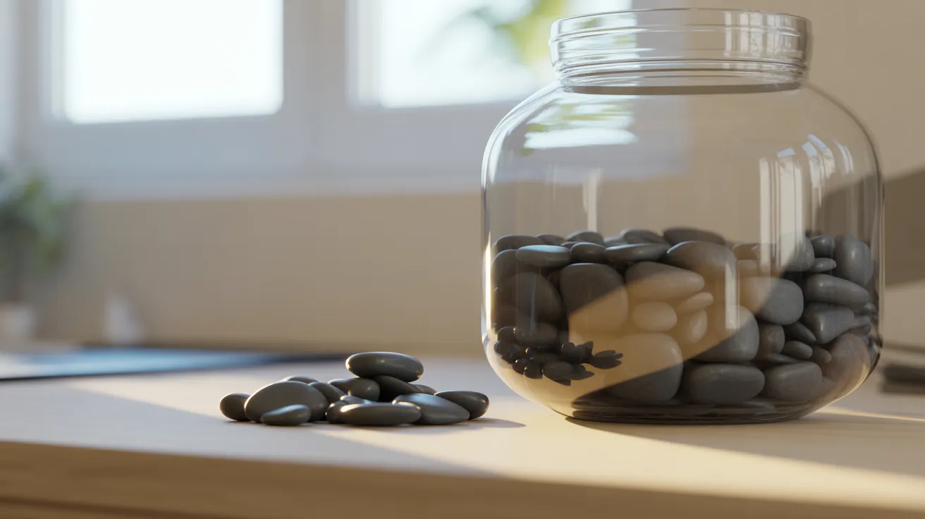 A clear glass jar containing dark pebbles sits on a wooden desk next to a small pile of more pebbles, symbolizing progress tracking.
