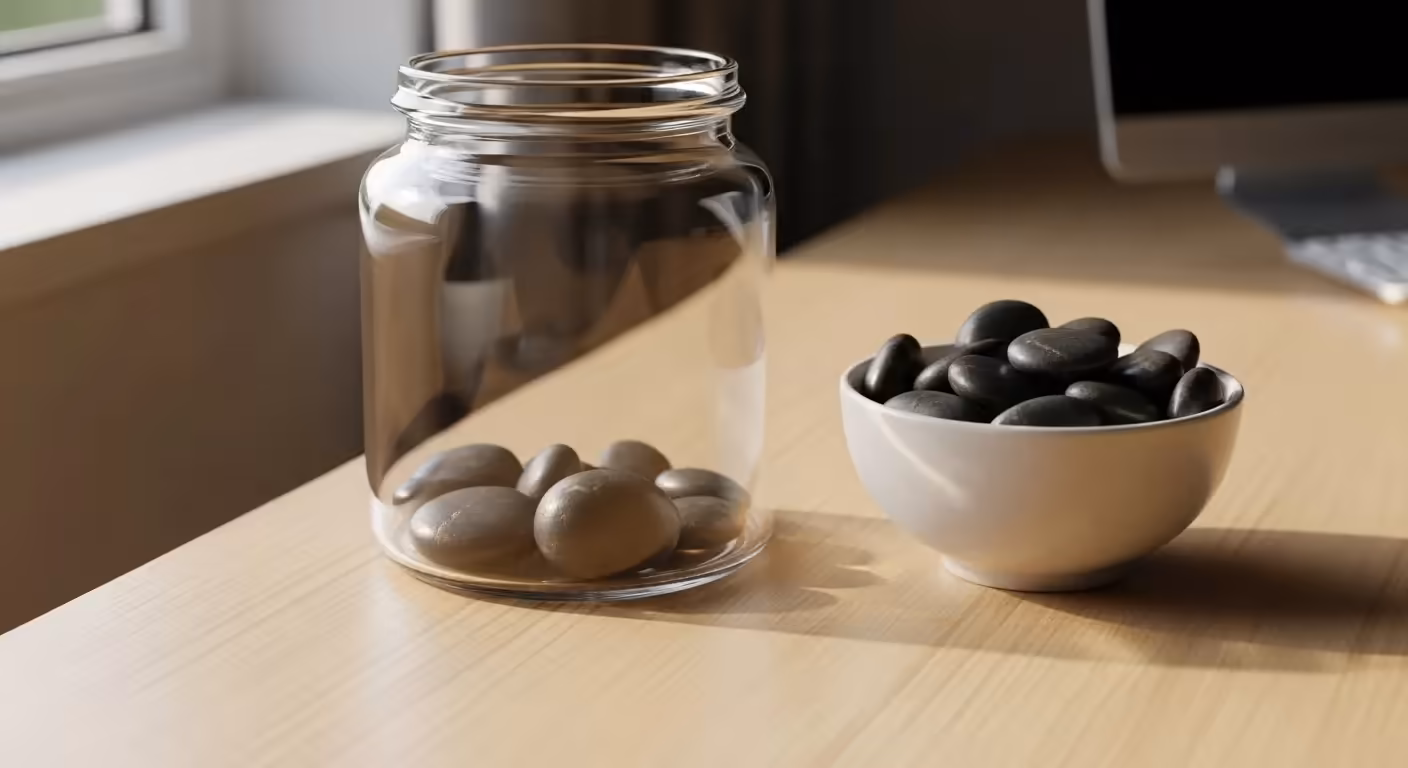 A glass jar with a few pebbles inside, next to a bowl of more pebbles, used as a simple, physical habit tracker.