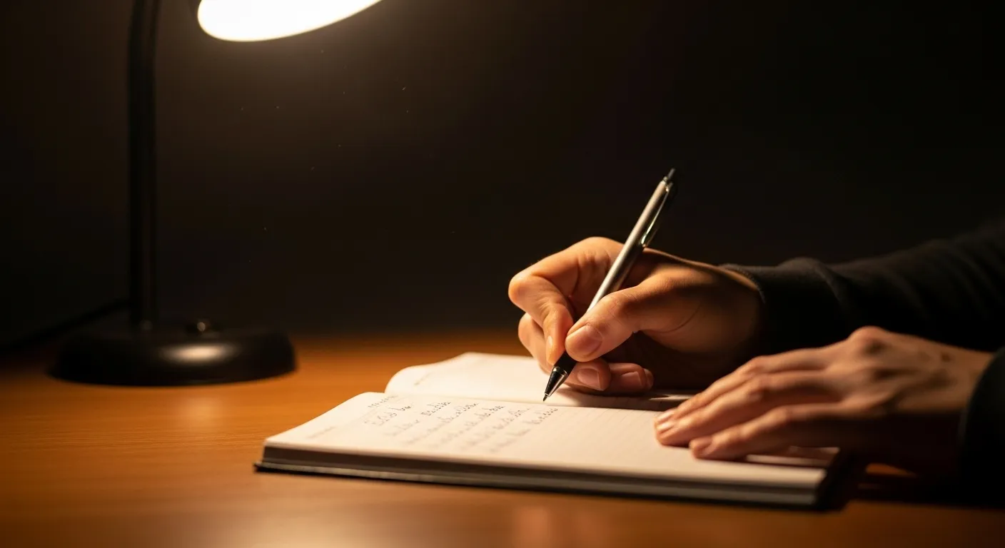 Close-up of a person's hands writing with a pen in a planner, illuminated by a warm desk lamp in the evening.