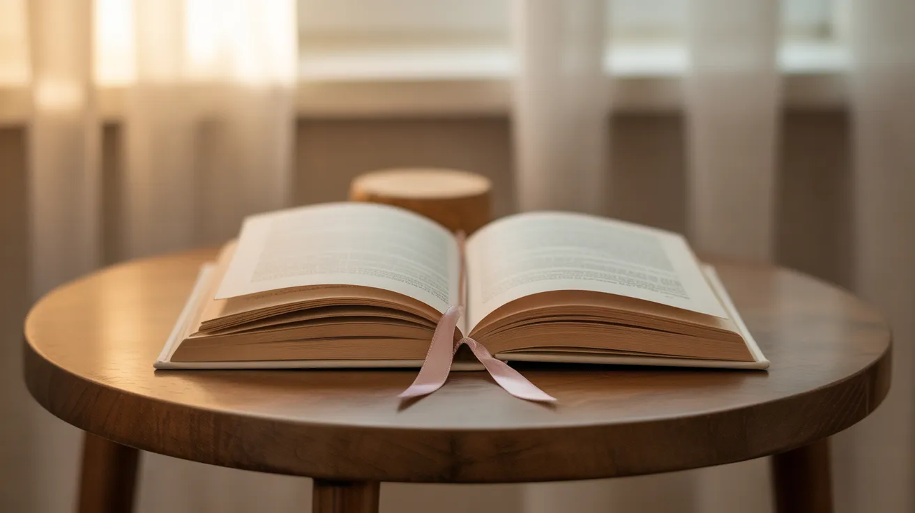 A book with unreadable text lies open to the first page on a small table, bathed in warm sunlight.