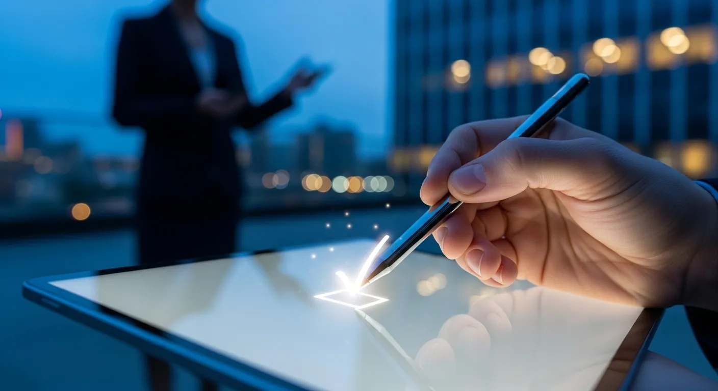 A close-up of a stylus completing a digital checkmark on a tablet screen, with an out-of-focus person on a city terrace at dusk.