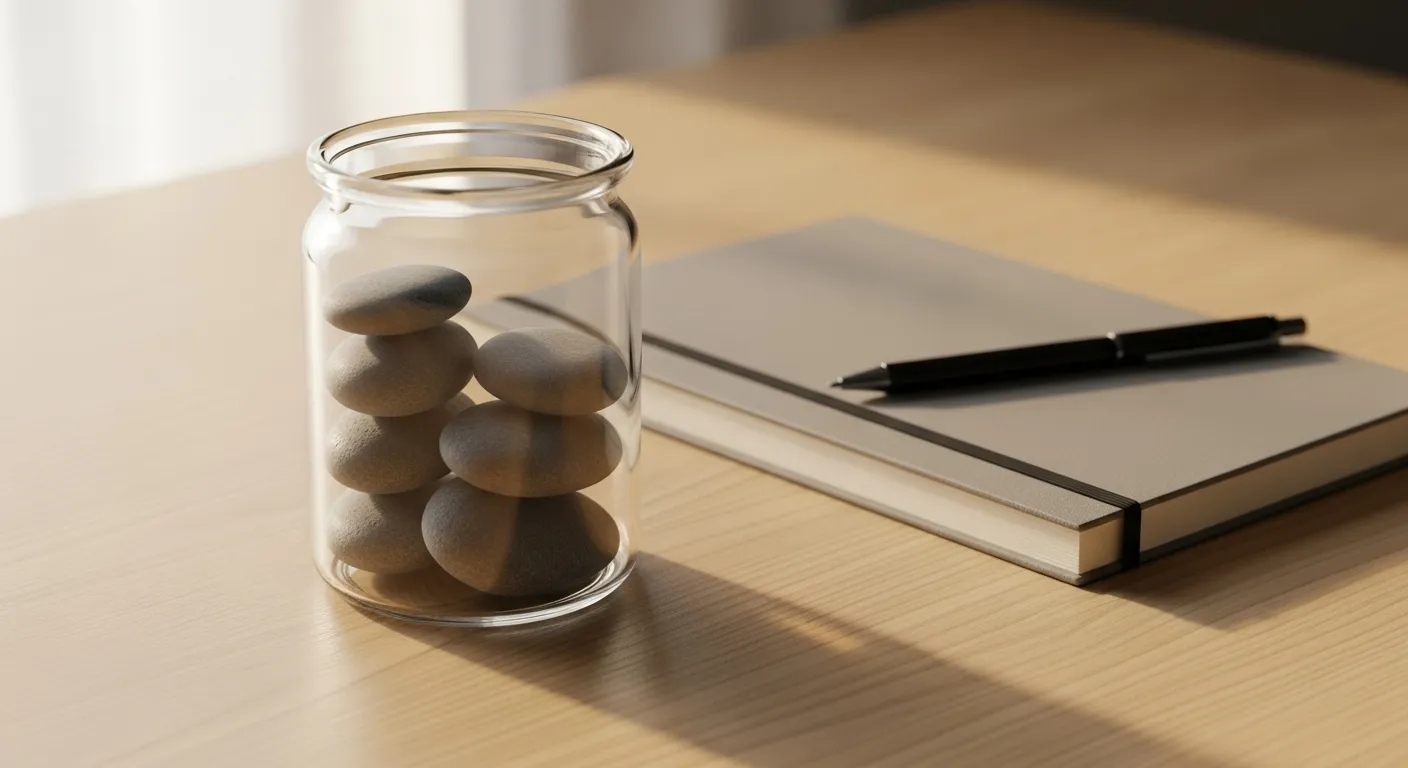 A glass jar with seven pebbles, used as a habit tracker, sits next to a closed notebook and pen on a wooden desk.