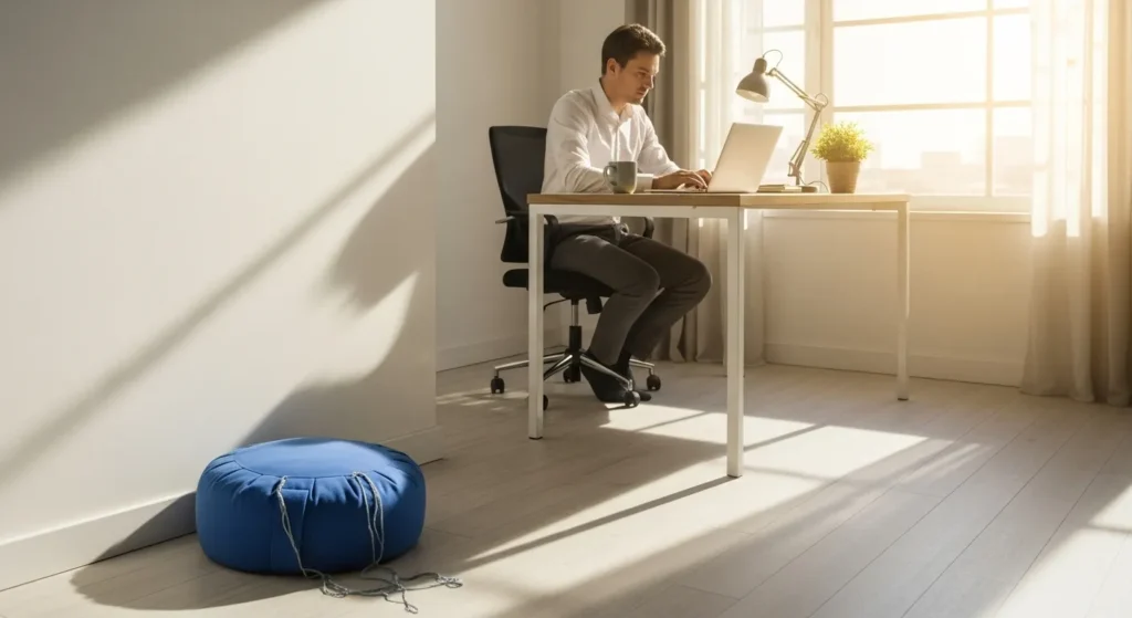 A person works at a desk in a sunlit home office, while a meditation cushion sits unused in the corner of the room.