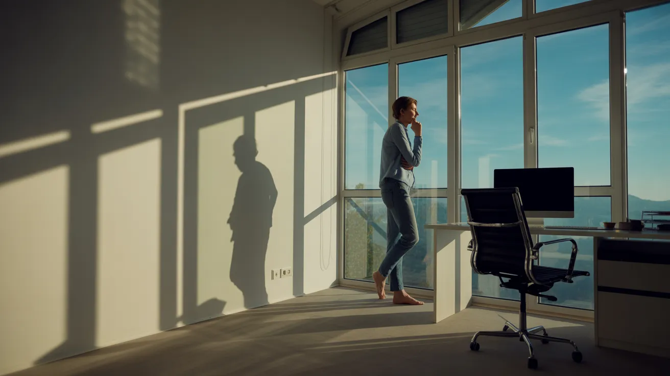 An ultra-wide view of a sunlit home office where a person takes a mindful break, standing and looking out the window.