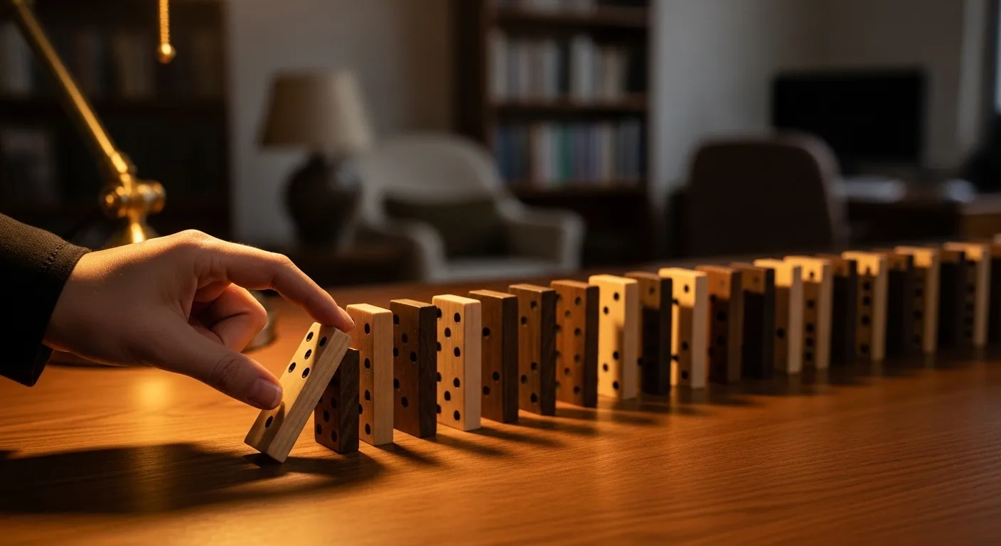 A person's hand starts a chain reaction with dominoes on a desk in a warmly lit home office.