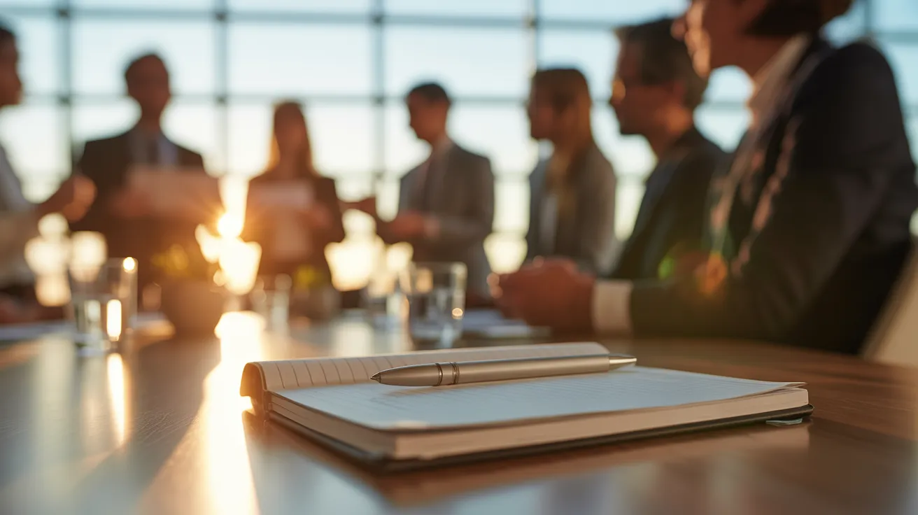 A closed notebook and pen sit on a conference table bathed in warm, golden hour light, with a team meeting wrapping up in the background.