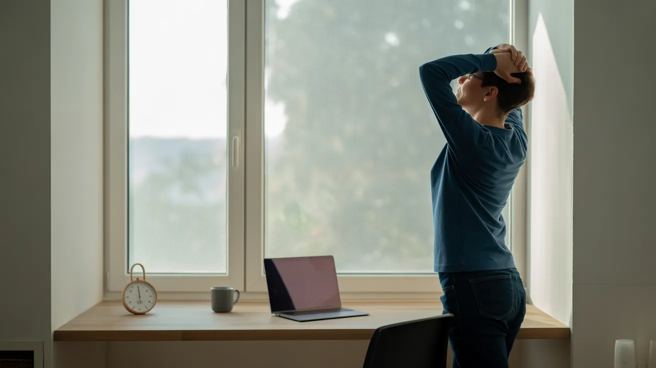 A person takes a brief stretching break in a sunlit home office. A desk with a timer and mug sits ready for a focused work session.