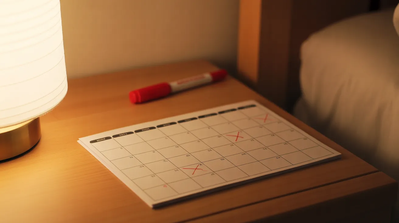 A simple monthly calendar and a red marker on a bedside table, lit by a warm lamp to show a habit tracking routine.