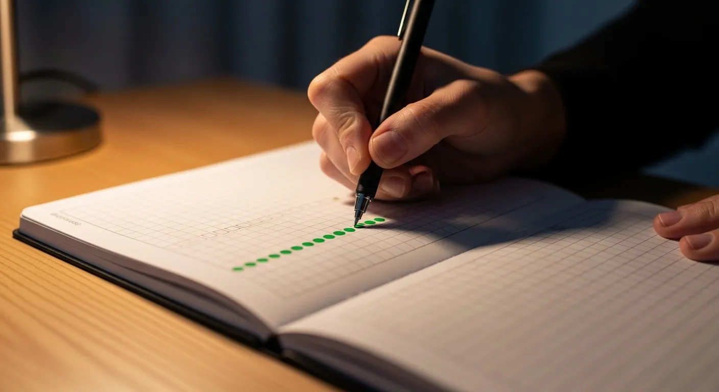 A close-up of a hand filling in a square on a habit tracker grid with a pen, under warm lamplight.