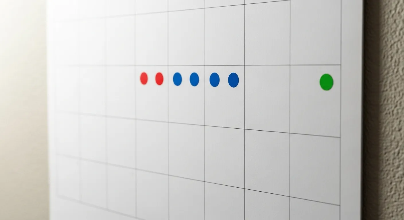 A close-up of a wall calendar grid shows a broken but restarted chain of dots, representing missing a day in a habit streak and starting over.
