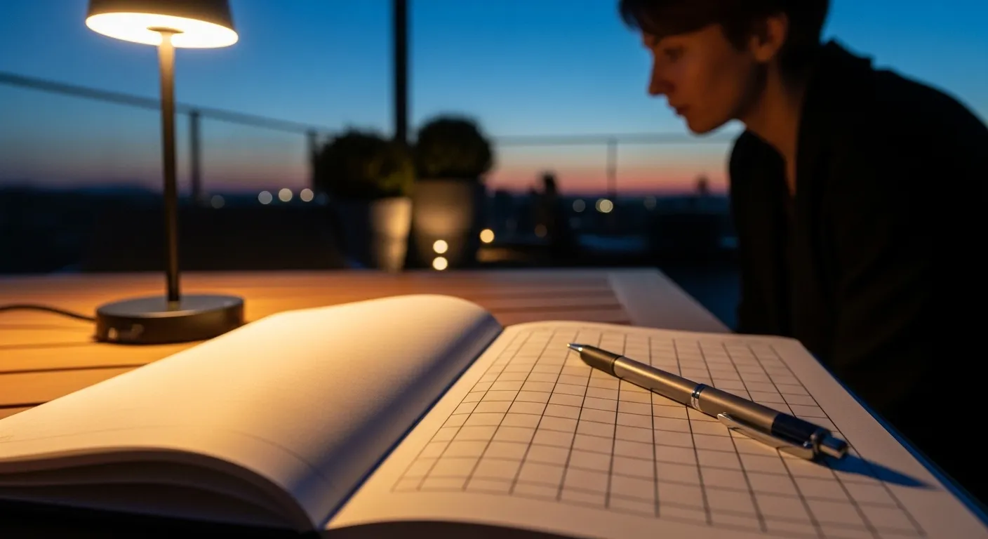 An open notebook and pen on a wooden outdoor table, lit by a warm lamp in the evening, with a person's blurred shape in the background.