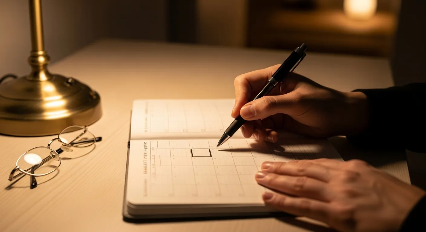 Close-up of hands holding a pen over a notebook with a grid, illuminated by a warm lamp at night. Reading glasses are on the desk.