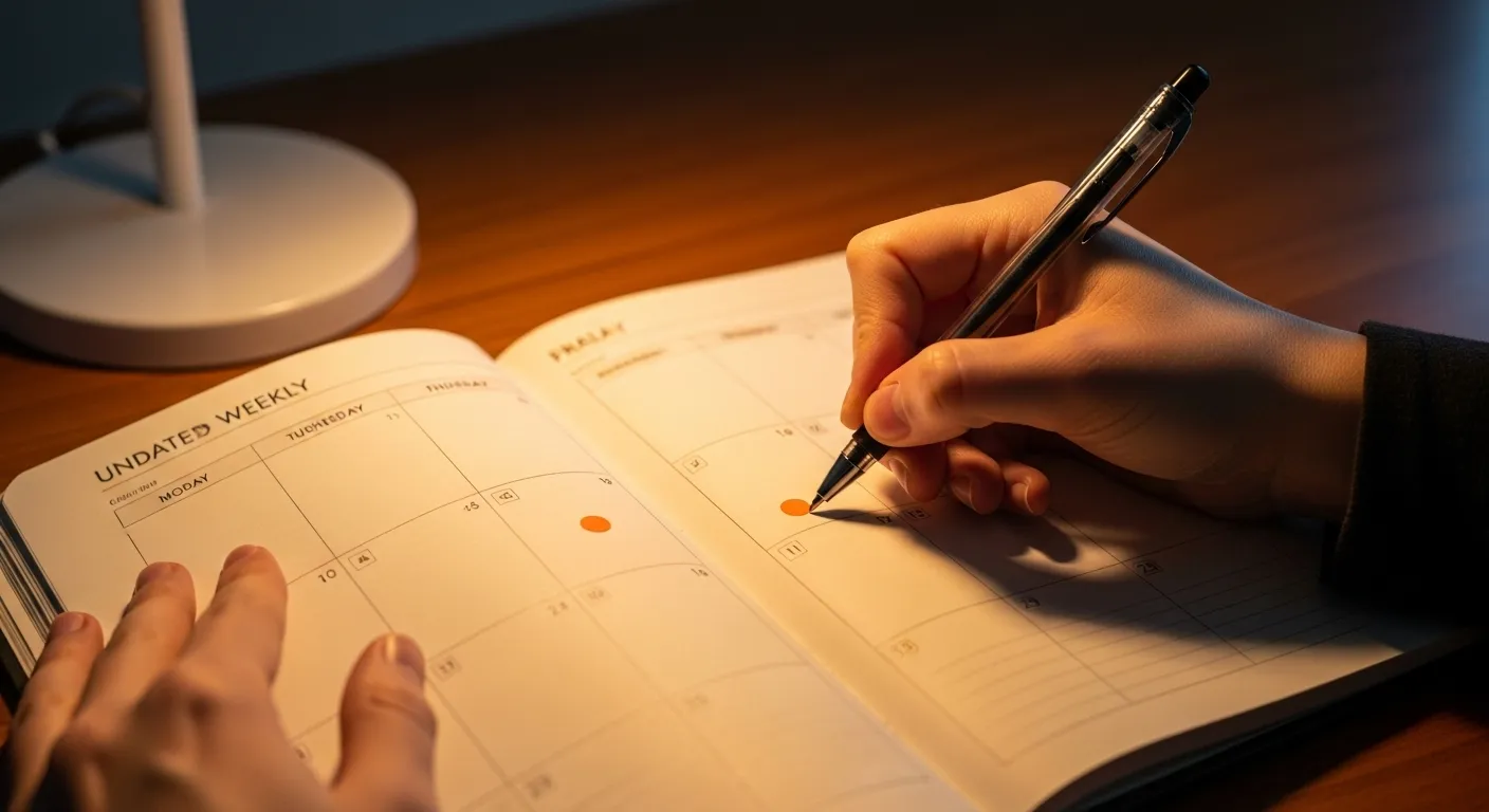 Close-up on hands writing with a pen in a planner by lamplight, showing a fresh start on a habit tracker.