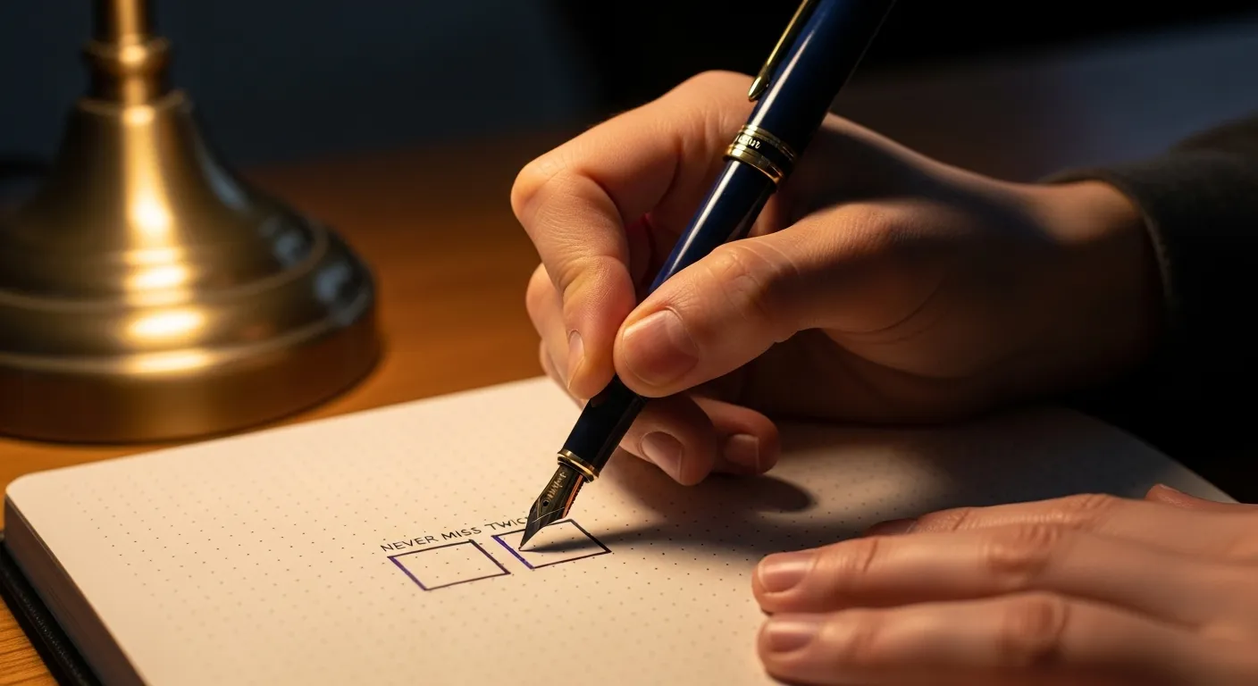 Close-up on a person's hands using a fountain pen to mark a grid notebook, symbolizing restarting a habit under warm lamplight.