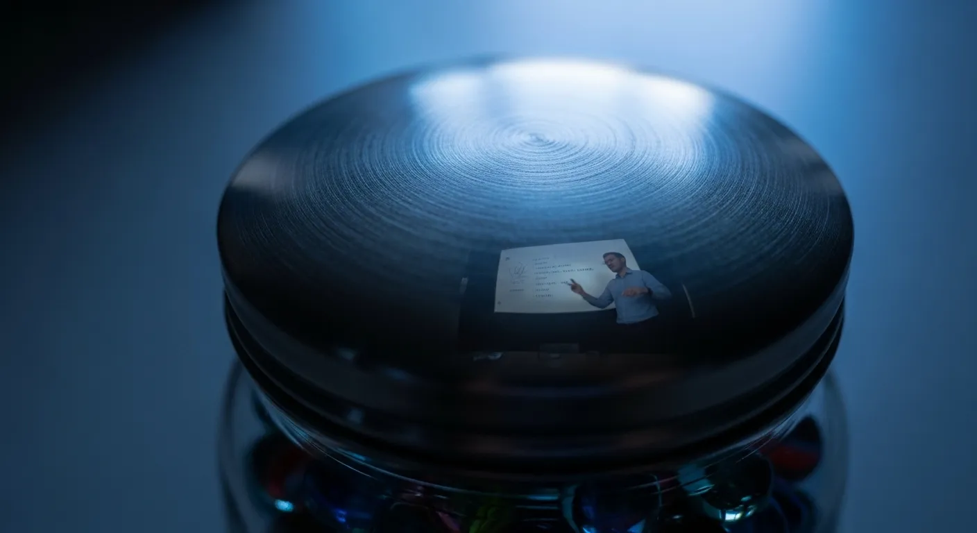 An extreme close-up of a metal jar lid at dusk. A distorted reflection of a person presenting is faintly visible on the surface.