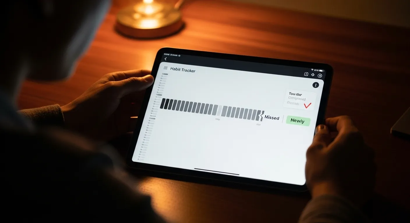 A close-up of a tablet screen displaying a habit tracker. The interface shows a calendar with a series of completed days, one missed day, and a subseq