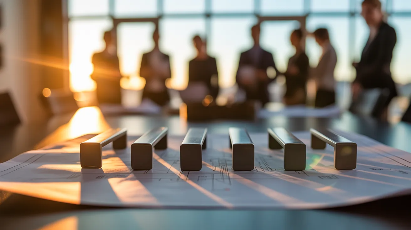 Close-up of modern black cabinet handles on a blueprint, bathed in warm sunset light on a conference table with a team meeting in the background.