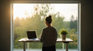 A woman works at a clean standing desk in a sunlit home office. The space is tidy and minimalist.