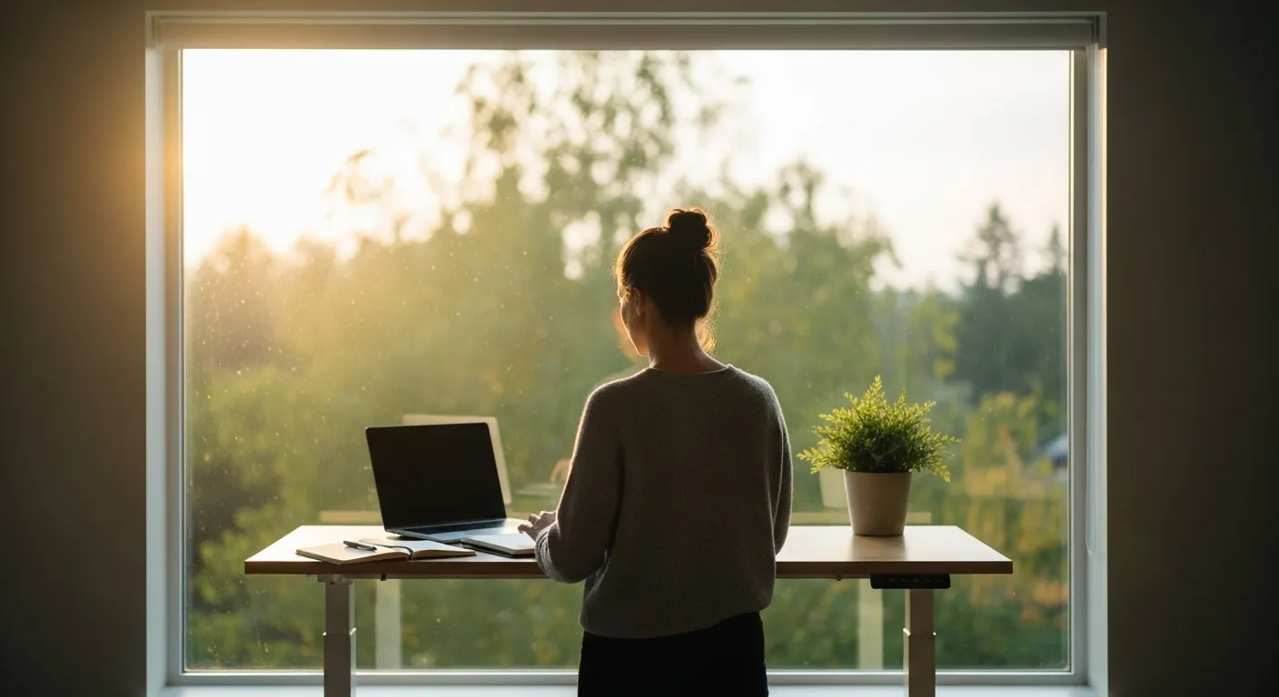 A woman works at a clean standing desk in a sunlit home office. The space is tidy and minimalist.