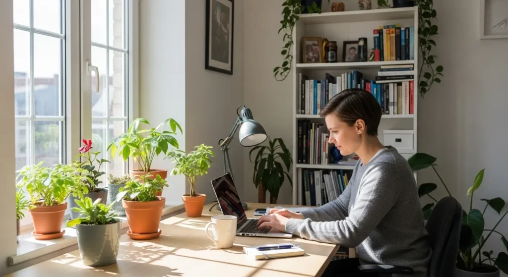 A person working on a laptop at a sunlit desk in a well-organized home office, with plants and books in the background.