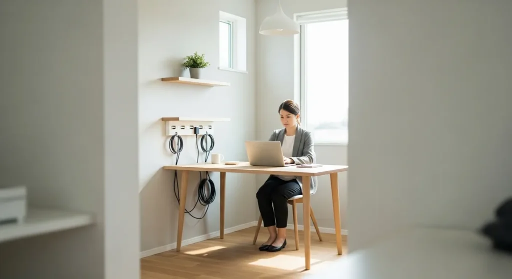 A person works at a neat, sunlit desk in a minimalist home office, showing an environment designed for focus.