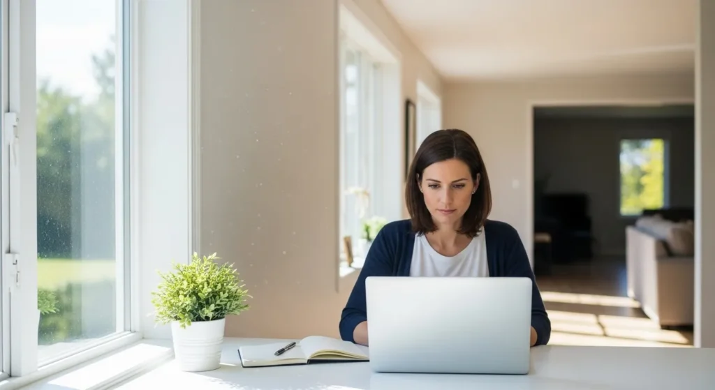 A woman works at a clean, organized desk in a sunlit home office nook created within a larger living space.