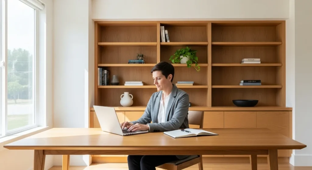 A professional sits at a minimalist desk in a bright, modern home office, focused on work. Daylight streams in from a large window to their side.