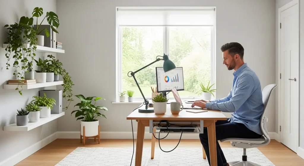 A professional works at a laptop in a tidy, well-lit home office with large windows and organized shelves.