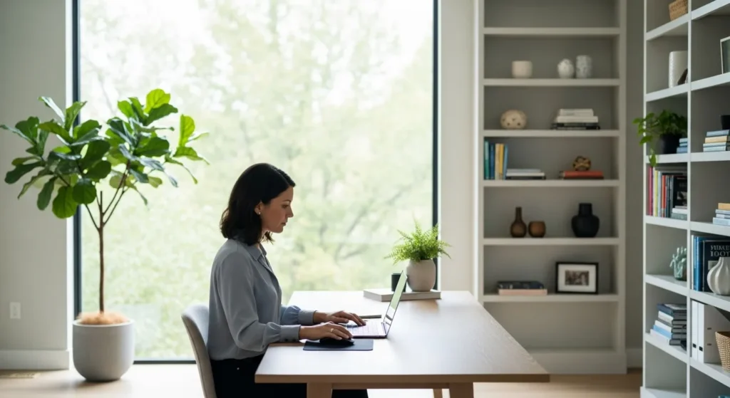 A woman works on a laptop at a tidy desk in a sunlit home office with a large plant and bookshelves in the background.