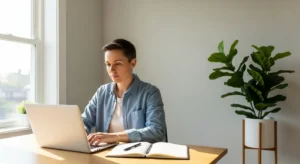 A person works on a laptop at a tidy desk in a brightly lit home office with a large plant.