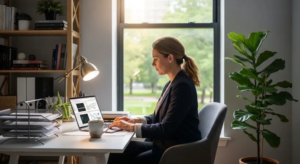 A woman sits at a clean desk in a sunlit home office, focused on her laptop. A bookshelf and a plant are in the background.