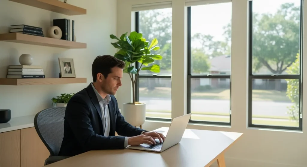 A person works on a laptop at a neat desk in a sunlit, organized home office viewed from across the room.