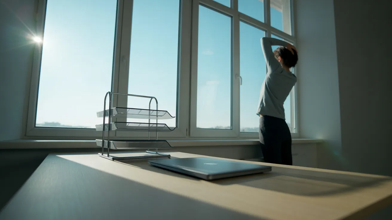A clean home office desk with an organizer basks in bright, harsh sunlight from a window. A person is stretching in the background.