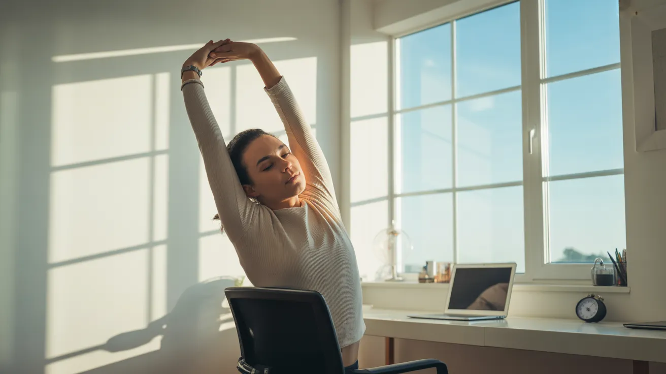 A person stretches near the window of a sunlit home office. Their desk with a laptop and timer is visible in the wide shot.