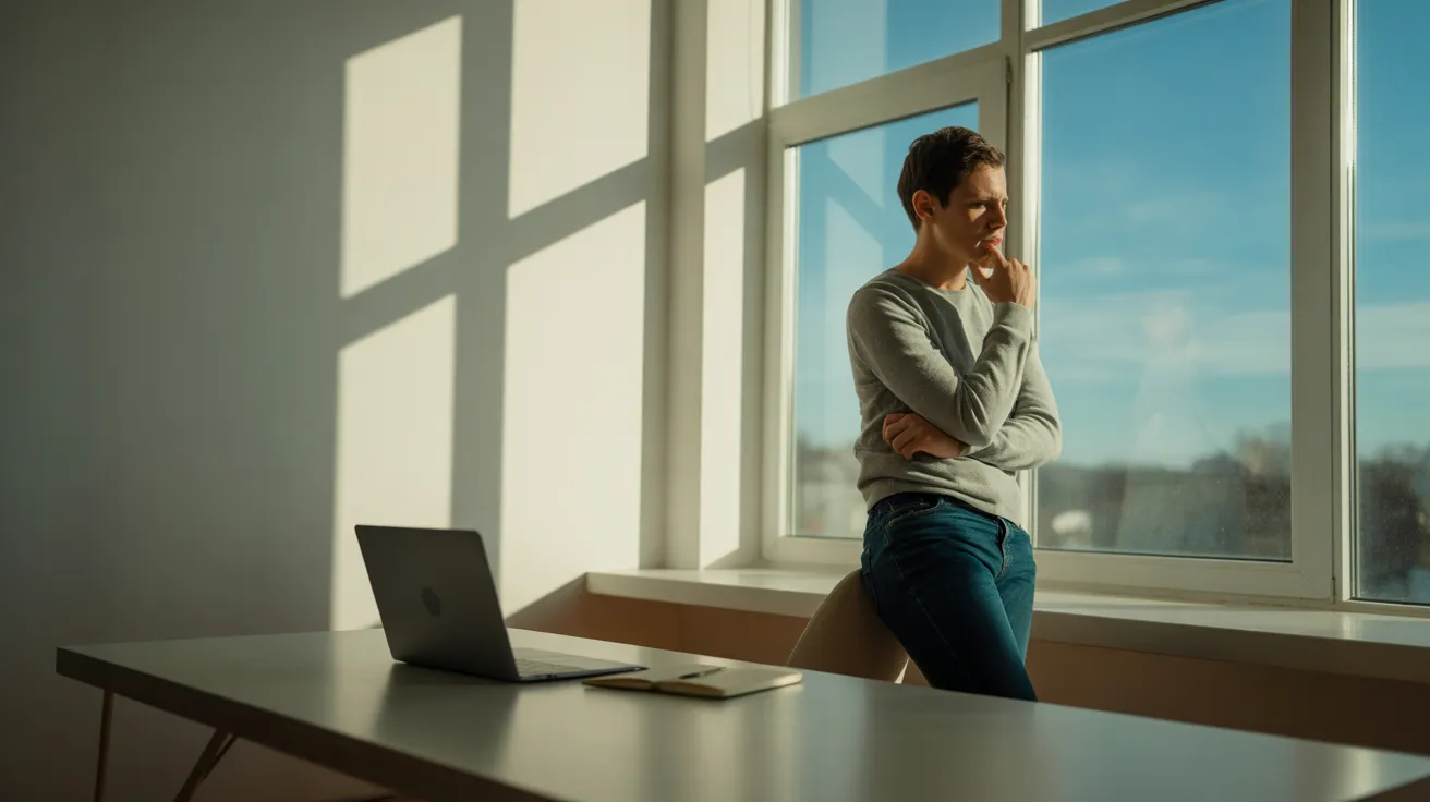 A person taking a mindful break, looking out a sunlit window in a tidy, modern home office. Ultra-wide view.