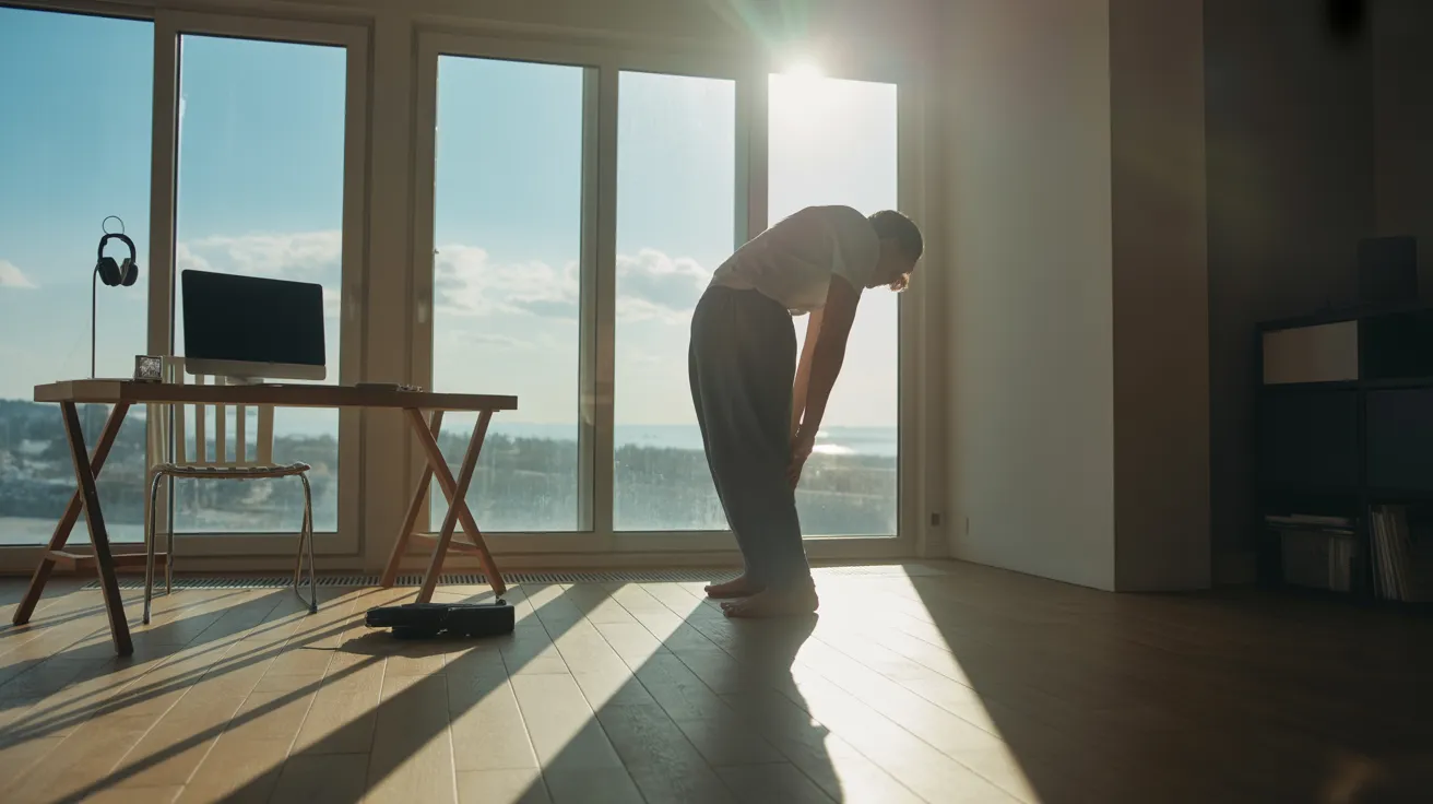 A person stretches in a bright, modern home office during a midday break, with sharp shadows on the floor from the harsh sunlight.