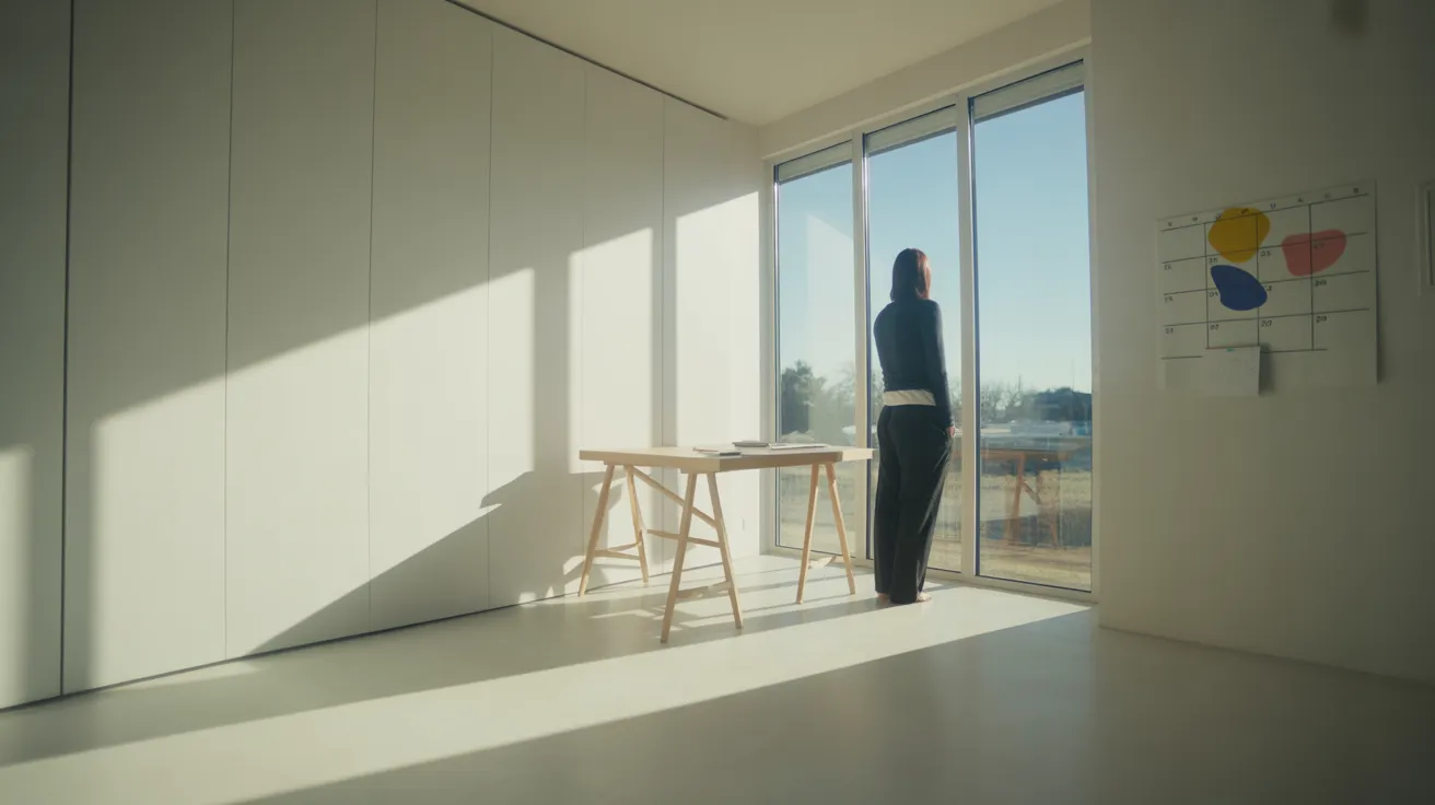 A person takes a break in a sunlit, organized home office, with a tidy desk and a large window casting dramatic shadows.