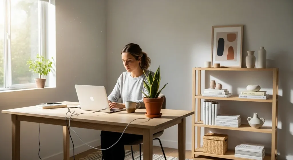 A wide view of a tidy home office where a woman works at a clean desk. Sunlight streams in, illuminating the organized space.