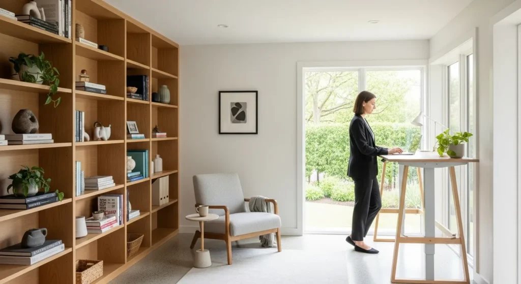 A wide view of a sunlit home office. A person works at a standing desk, with an organized bookshelf visible in the background.
