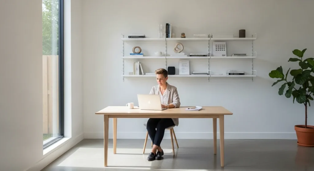 A person works at a laptop in a spacious, sunlit home office with clean, organized surfaces and a large green plant.