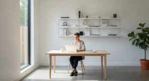 A person works at a laptop in a spacious, sunlit home office with clean, organized surfaces and a large green plant.