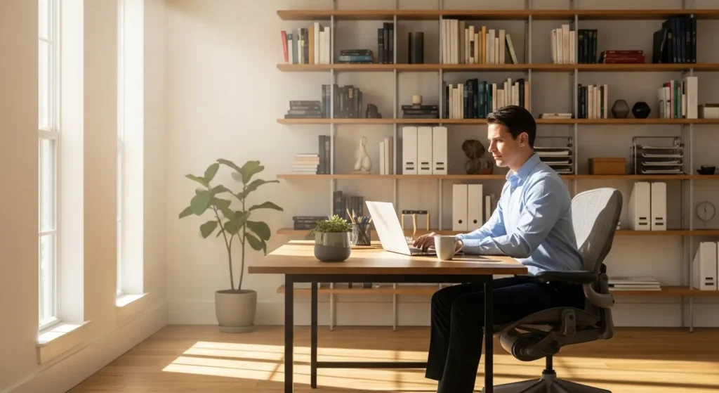 A person works at a clean desk in a well-organized, modern home office with a large window and bright natural light.