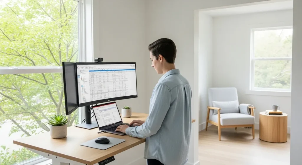 A person works at a standing desk in a sunlit home office with a large window and a relaxing reading chair in the background.