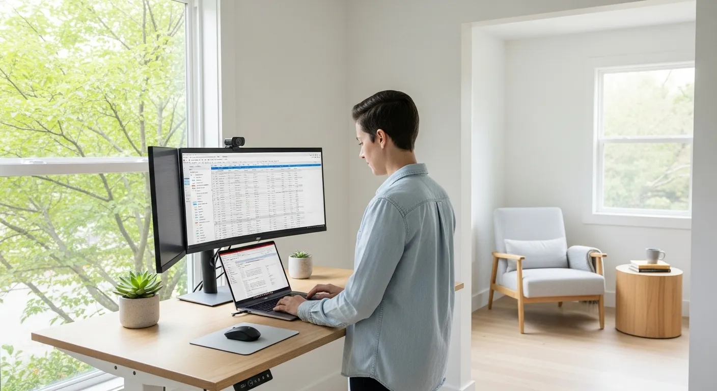 A person works at a standing desk in a sunlit home office with a large window and a relaxing reading chair in the background.