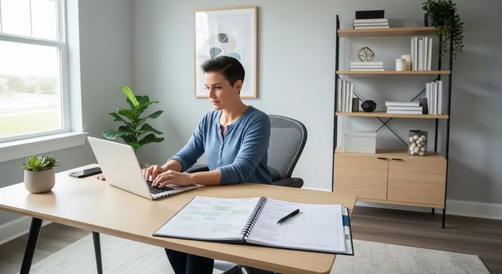 A professional works on a laptop at a tidy desk in a sunlit home office, seen from a wide angle.