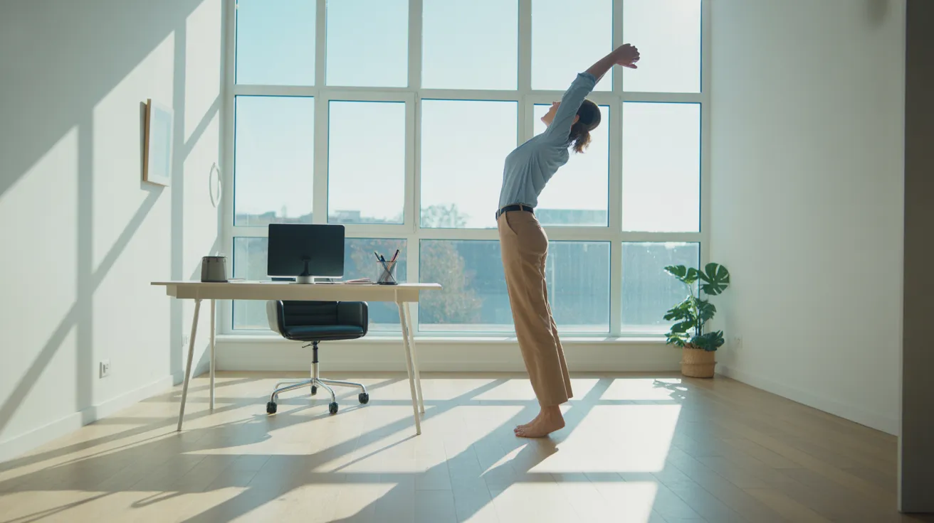 A wide view of a home office with harsh sunlight. A person stretches by the window, while a neat desk with a closed laptop sits in the foreground.