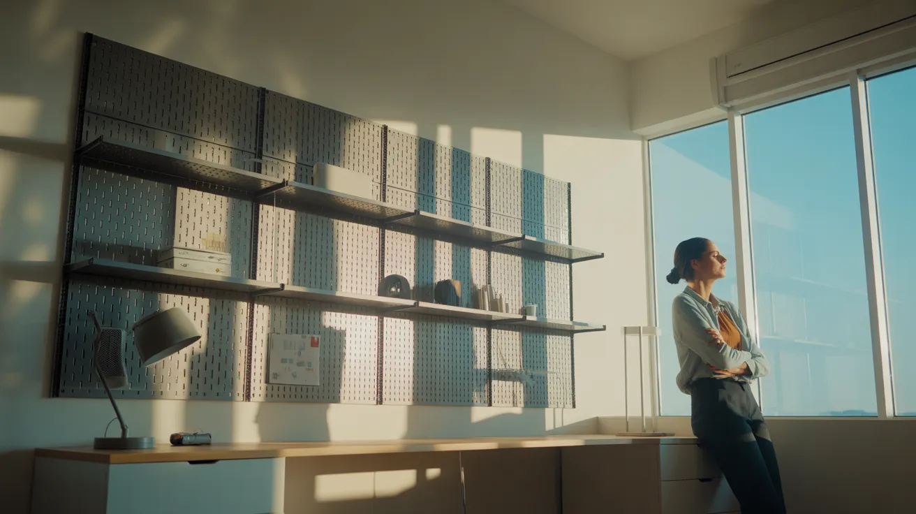 A person takes a break, looking out a sunlit window in a tidy home office featuring a large wall organizer.