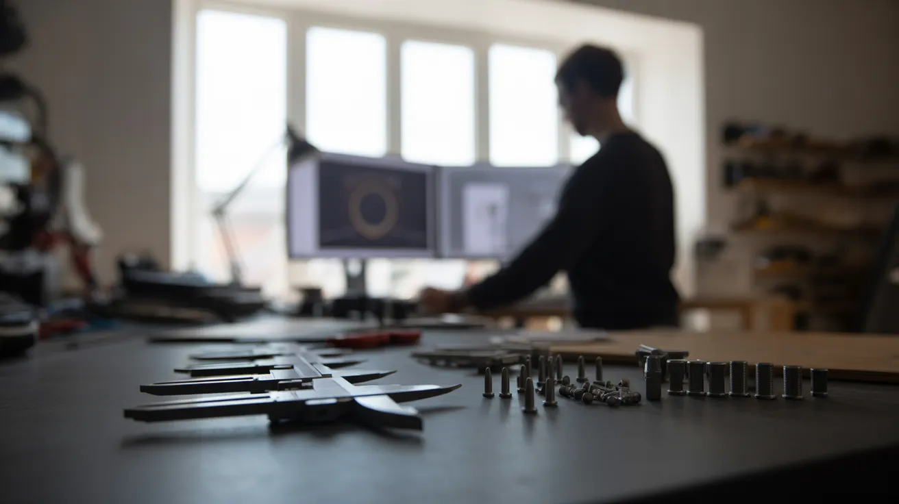 A home workshop with tools on a bench in the foreground and a person working on a dual-monitor computer in the background, backlit by a window.