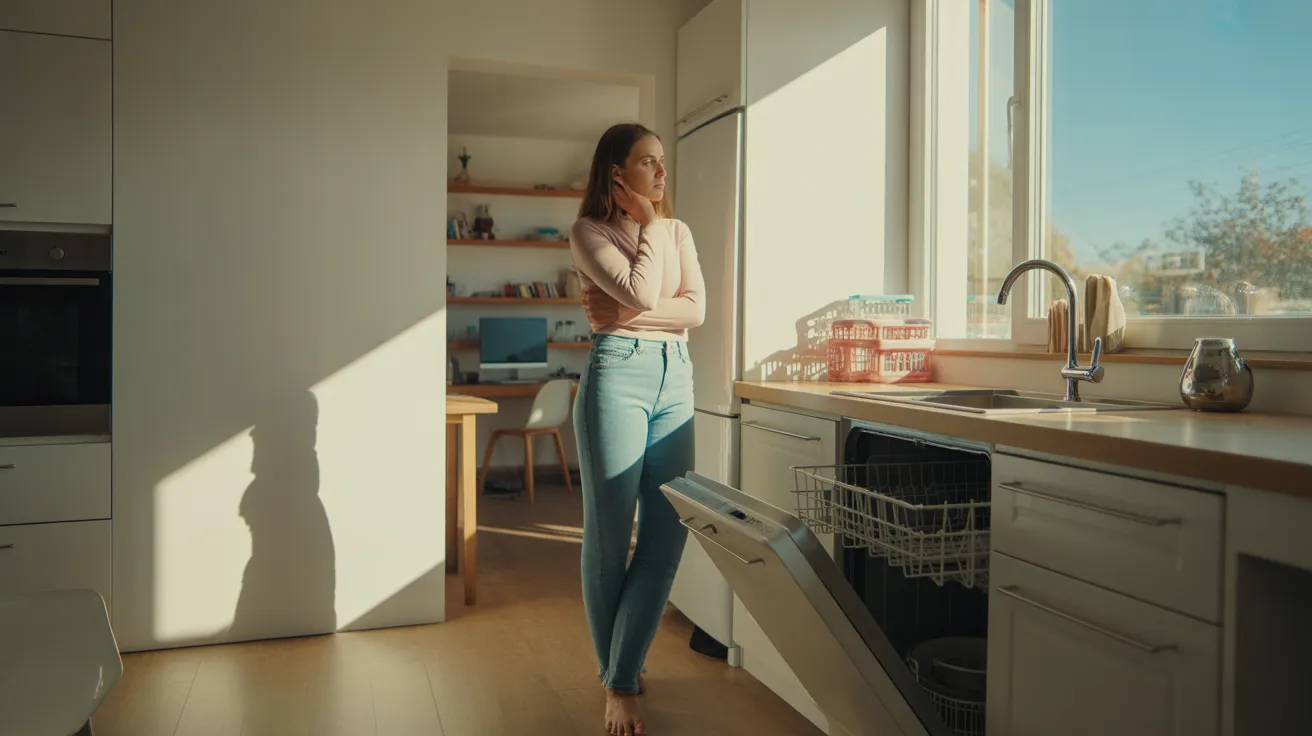 A woman takes a work break, standing by a kitchen window as harsh midday sun streams in. An open dishwasher is in the foreground.