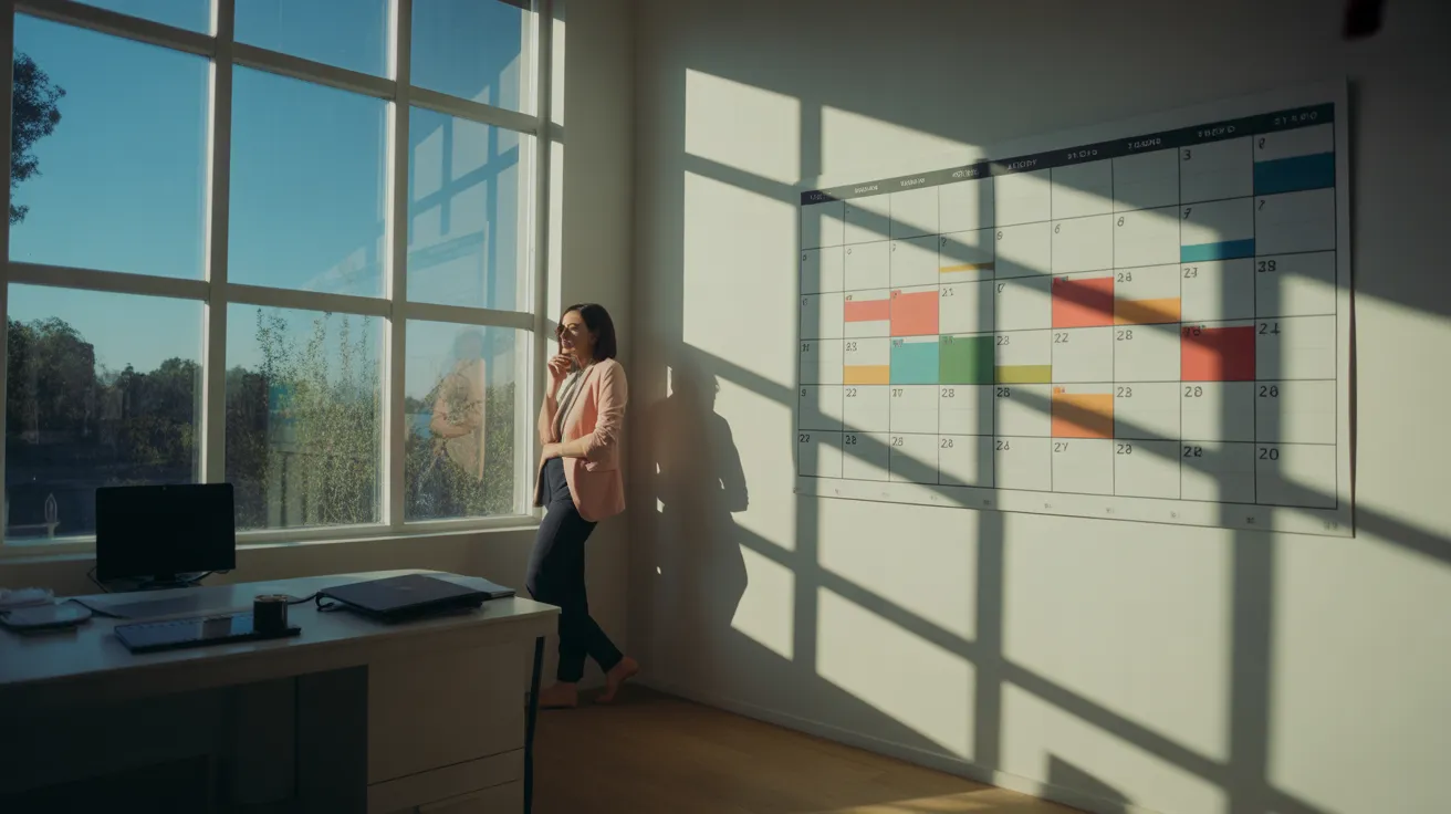 A woman takes a break in her sun-drenched home office, which features a large color-coded wall calendar for weekly planning.
